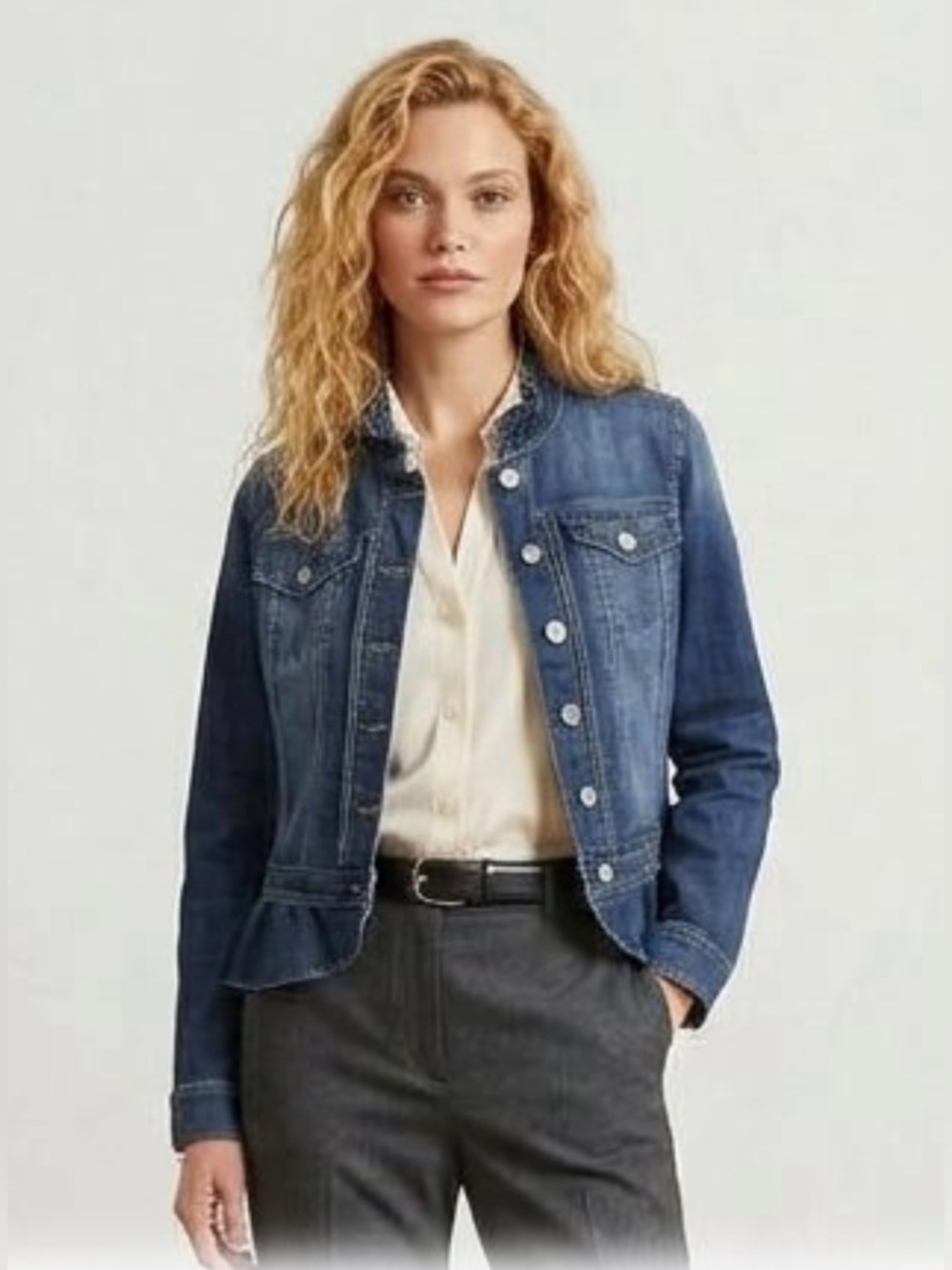 White House Black Market Denim Jacket Ruffle Collar Peplum Hem Dark Wash Sz 10